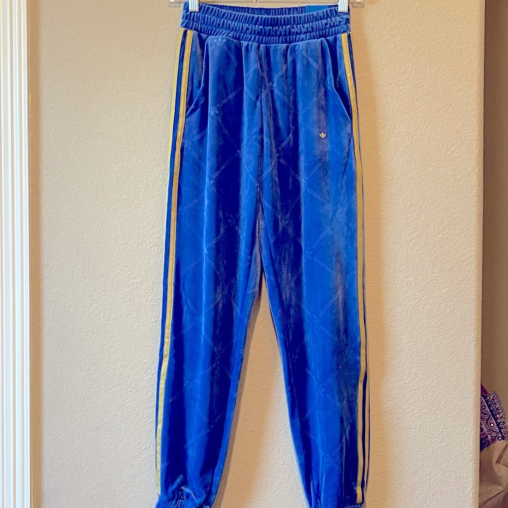 • ADIDAS • Velour Gold Sparkle Stripe & Baby Blue Joggers •